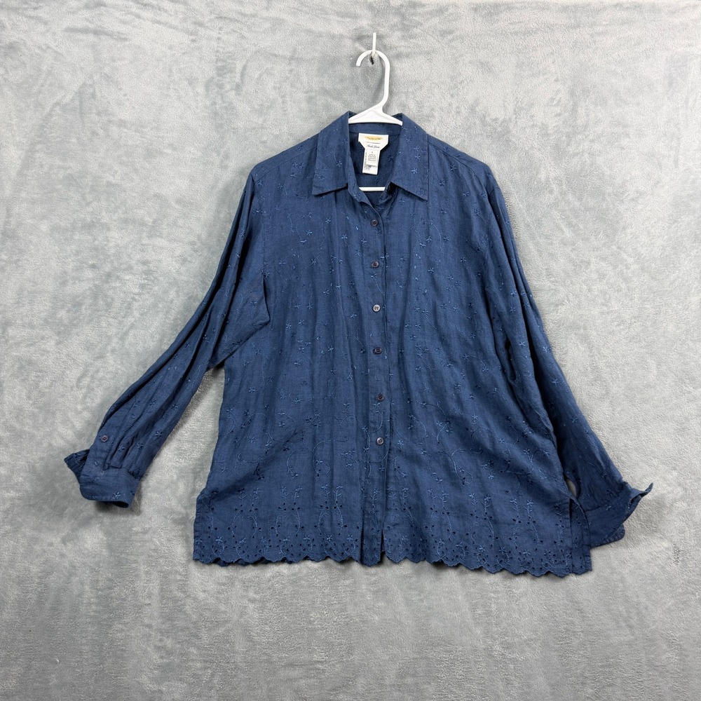 Talbots Womens S Navy Blue Irish Linen Shirt Embroidered Eyelet Scallop Hem Boho
